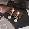 French Ballet Style Stud Earrings Women'S Silver Bow Pearl Pendant Earrings Sweet Temperament Niche Earrings