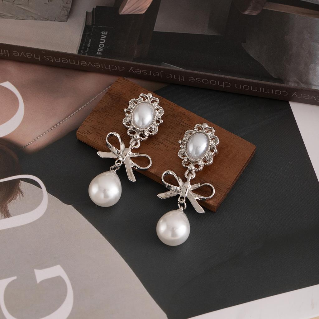 French Ballet Style Stud Earrings Women'S Silver Bow Pearl Pendant Earrings Sweet Temperament Niche Earrings