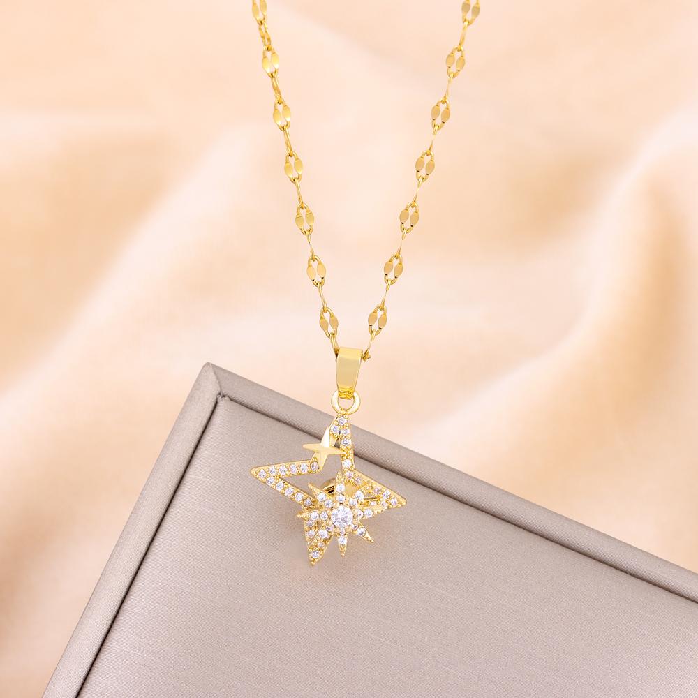 New In Rotatable Zircon Crystal Lucky Star Pendant Necklaces For Women Trendy Female Stainless Steel Chain Ladies Accessories