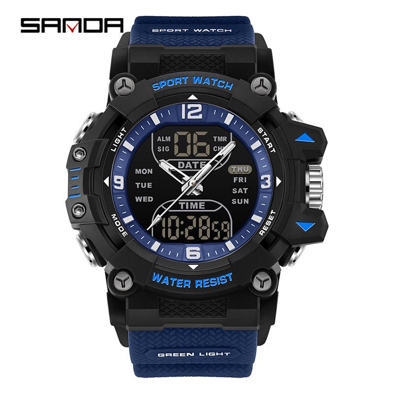 SANDA Men's Multifunction Sport Watch: Waterproof, Countdown, Dual Display, Fashionable Student Wristwatch.