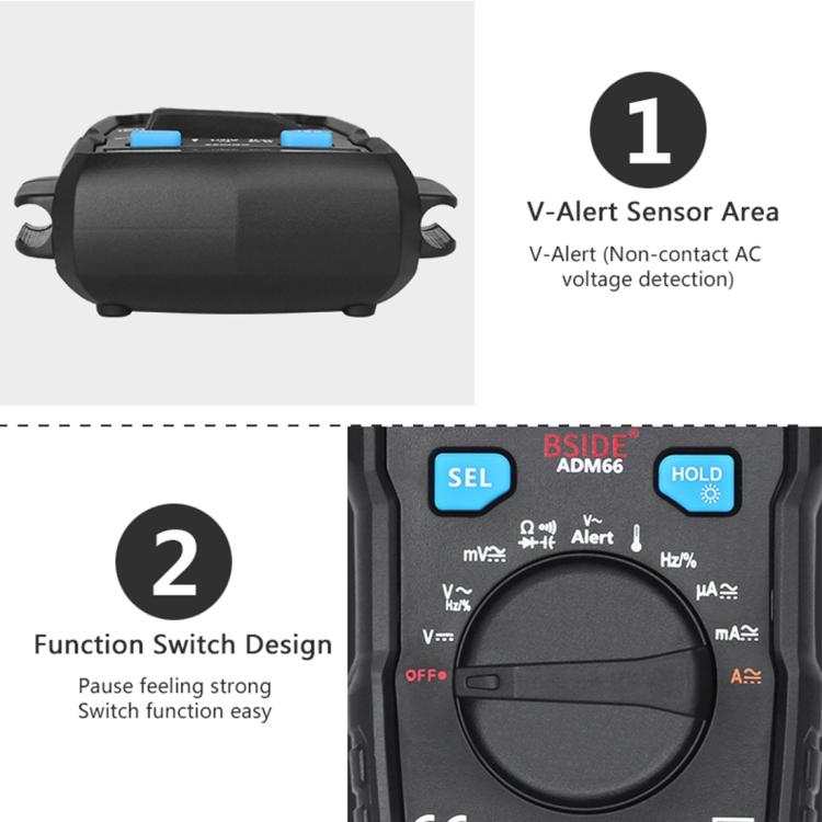 BSIDE ADM66 Handheld Household 6000 Count AC / DC Current Voltage Capacitor Automatic Range Multimeter with LCD Backlight & Card Slot Function