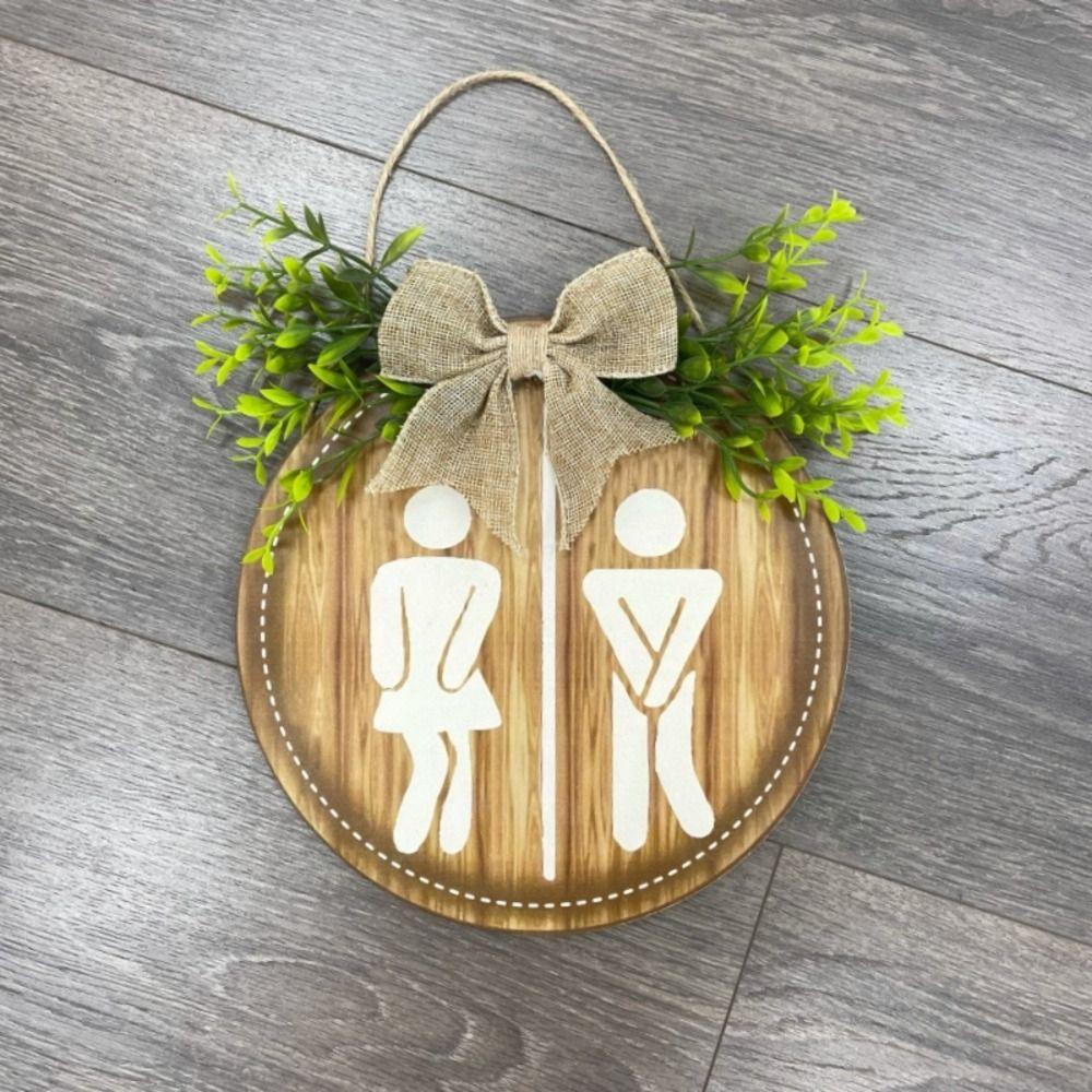 Creative Round Wooden Toilet Sign Bow Knot Decoration Bathroom Sign Rustic Style Density Board Wall Hanging Signs Laundry