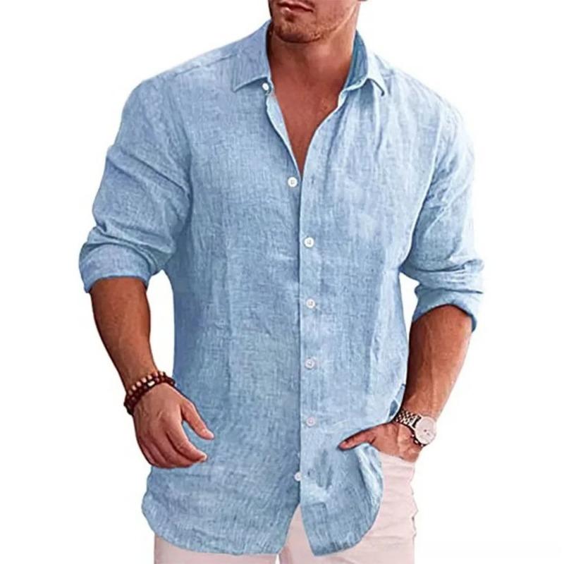 Camicia da uomo in lino a maniche lunghe con bottoni e colletto rovesciato, polsini arrotolabili, vestibilità ampia, casual, per uso quotidiano, all'aperto, da spiaggia