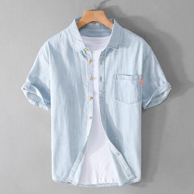 Pánská džínová košile Tenká Letní Poloviční rukáv Ležérní Top Volná Trendy Pohledná Krátký rukáv Kempingová Džínová Bunda s krátkým rukávem