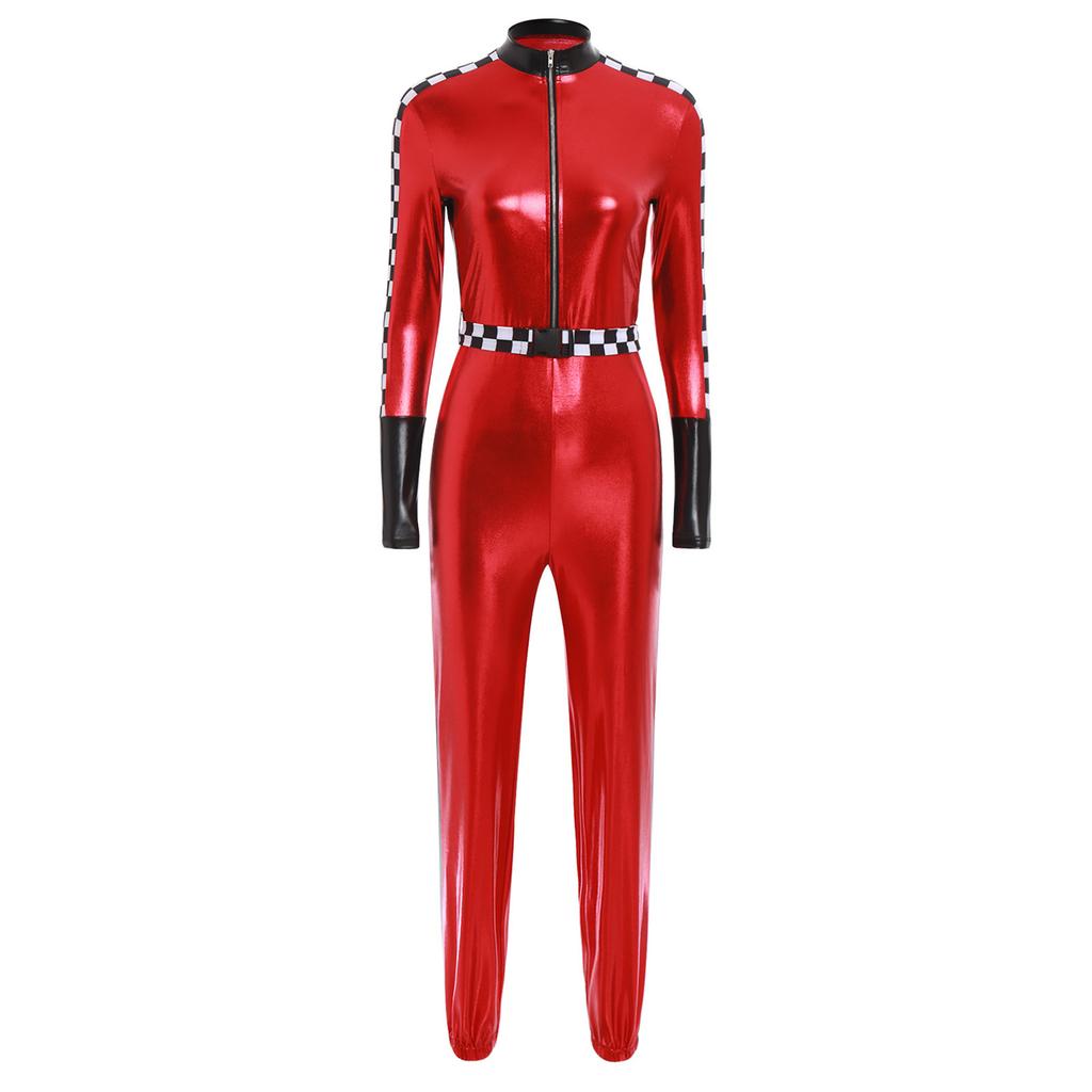 Dámský závodní overal Metalický lesklý šachovnicový patchwork Stojáček Přední zip S páskem Legíny Kostým