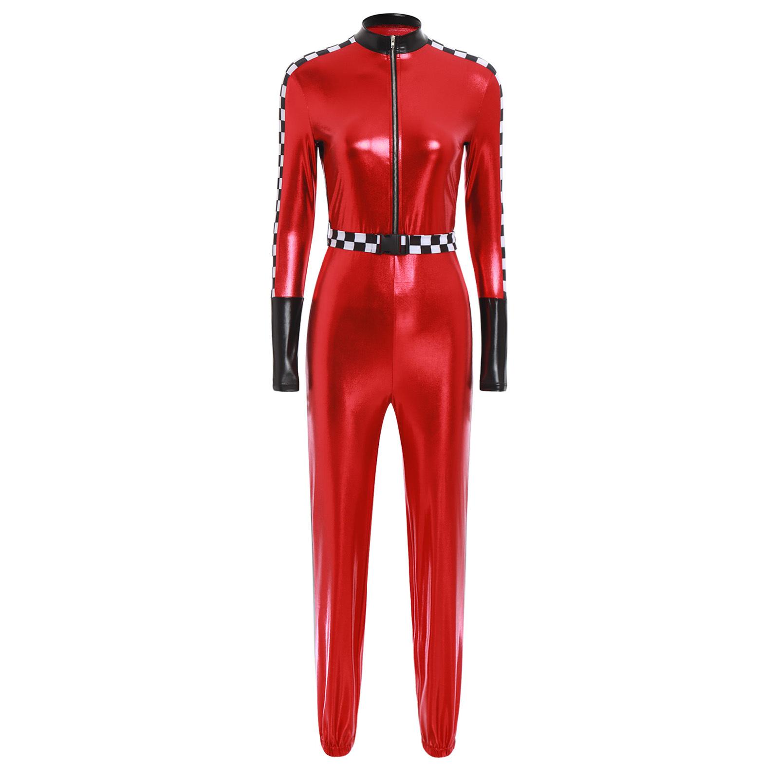 

Жіночий комбінезон-рейсер металік блискучий картатий печворк комір-стійка передня блискавка з поясом легінси костюм XXL червоний