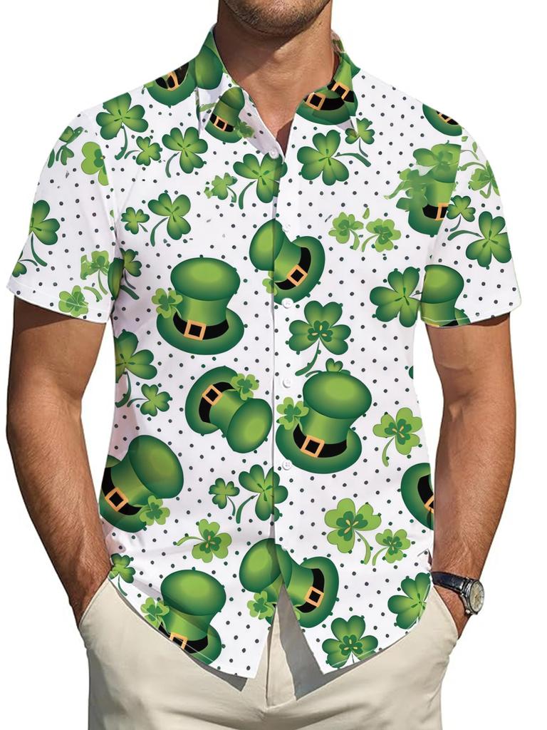 Men'S Short-Sleeve Shirt with a Green St. Patrick'S Day Hat And Clover Pattern, a Hawaiian-Style Button-Up Shirt, Perfect for Festive Occasions And As