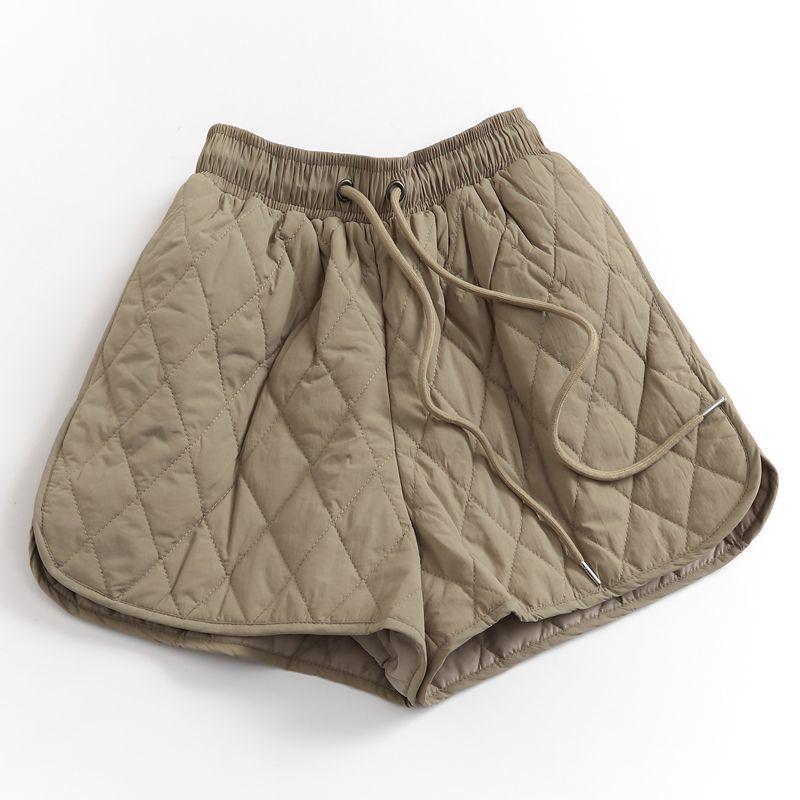 

Solid Color Quilted Padded Wide Leg Shorts with Drawstring Waist - Slim Fit, High Waist, Autumn Winter Women s Outerwear Pants Small хакі