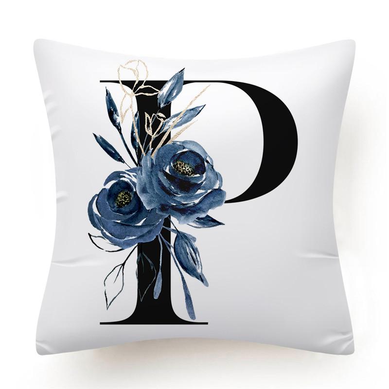 Floral Alphabet Cushion Cover 45x45 Blue Flowers Pillowcase Decorative Sofa Cushions Throw Pillows  Home Decor Pillow Cases