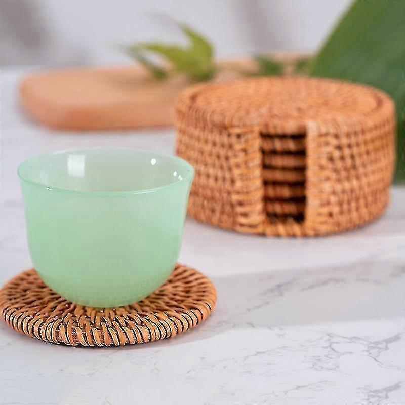 Rattan Coaster With Stand Storage Box Handmade Tea Cup Round Edge Coaster Suitable For