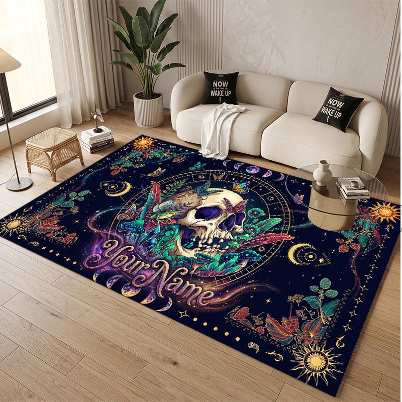 Totenkopf Gothic Thema Weicher Kristall-Samt Teppich Benutzerdefinierter Name & Text Druck Rutschfester Boden Teppich für Schlafzimmer Wohnzimmer