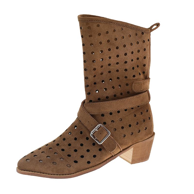Mid-tube Boots Summer New Pointed Toe Sleeve Cutout Breathable Block Heel Sandals