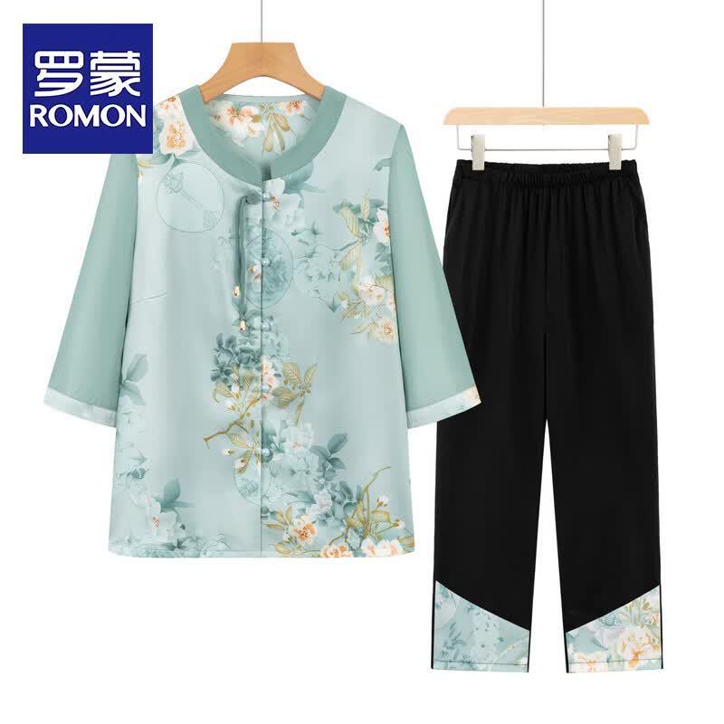 ROMON Women s Summer Short-Sleeve Two-Piece Shirt Set XL