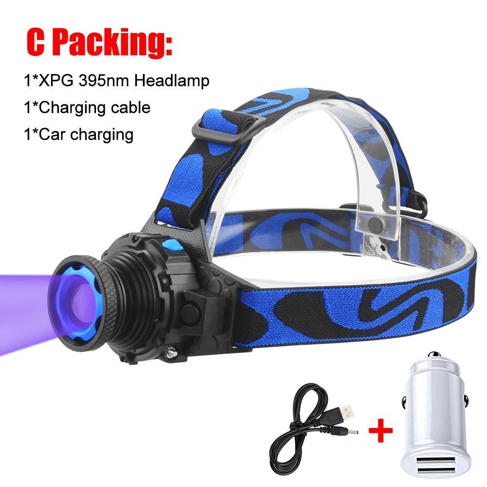 395nm UV Headlamp Ultraviolet Zoomable Headlight USB Rechargeable Purple Torch Catch Scorption Hunting Light Pet Urine Detector