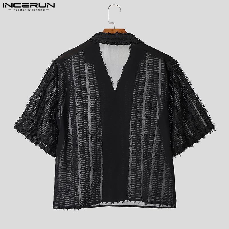 INCERUN Oversized Men Casual Lapel Neck Short Sleeve Tassel See Through Loose Shirts