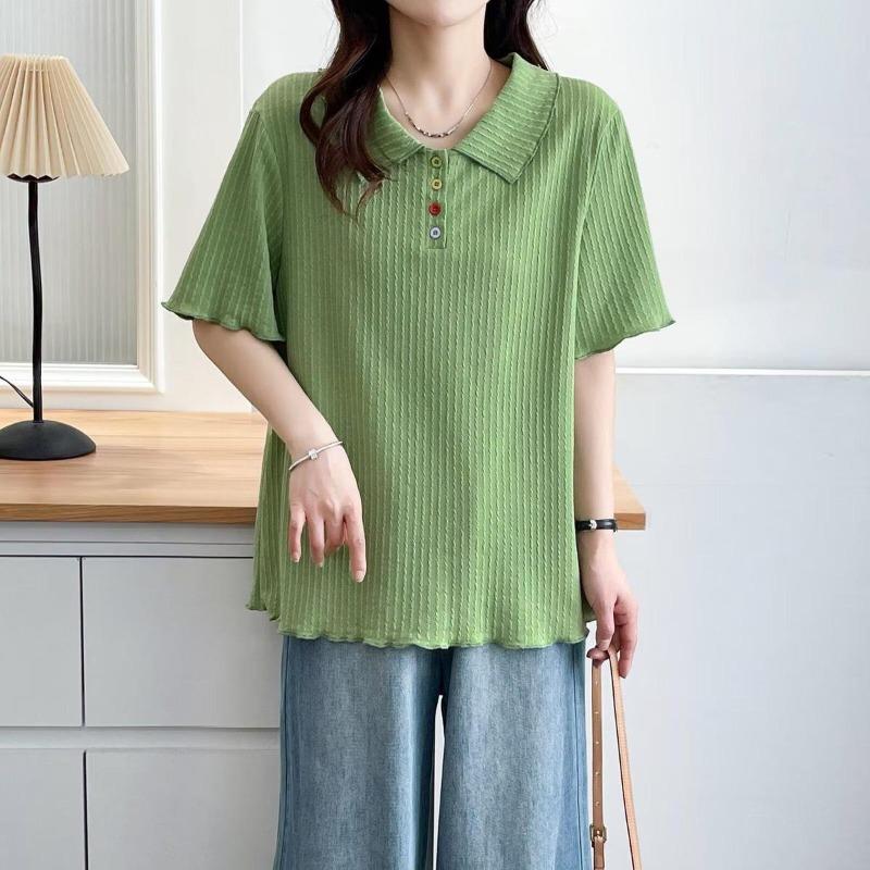 

Women s Solid Color T-shirt Flip Collar Button Mushroom Edge Design Woman Short Sleeved T-shirts Summer Casual and Comfortable Ladies Pullover Top 2XL зелений