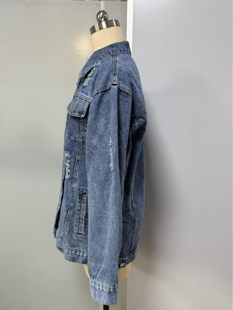 Women's Versatile Ripped Denim Jacket - European & American Style, Loose Fit