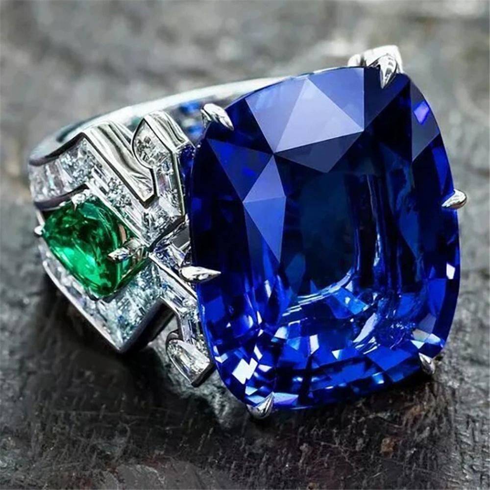 Cute Female White Blue Zircon Stone Ring Vintage Silver Color Wedding For Women