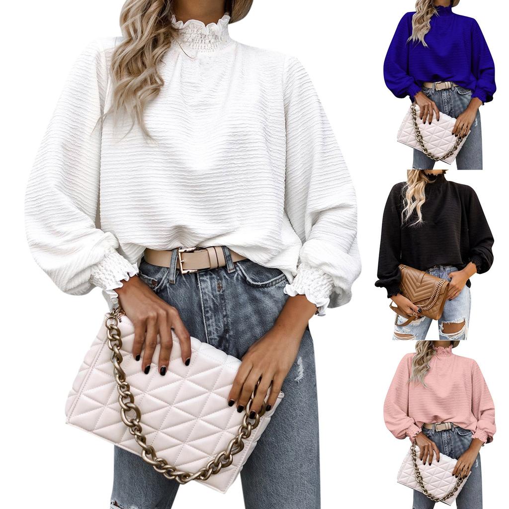 Womens Casual Long Sleeve Round Neck Chambray Blouse Top