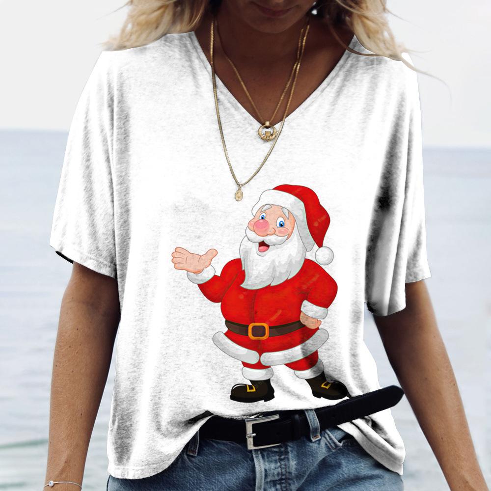 Plus Size 6XL Merry Christmas Women's Short sleeved V-neck T-shirt Christmas Tree Santa Claus Letter Print Simple Trendy Trend Women Clothing
