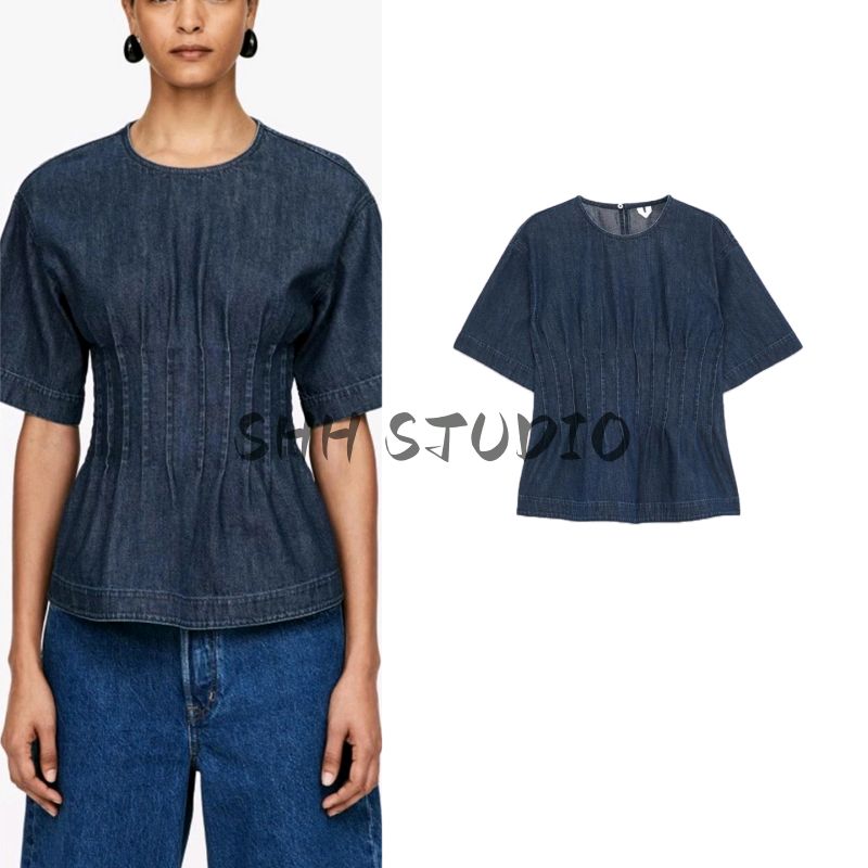 Summer New Product Women's Clothes Commute Style Pinch Pleated Decorative Cotton Round Neck Short Sleeve Waist-Controlled Denim Tops 1270370