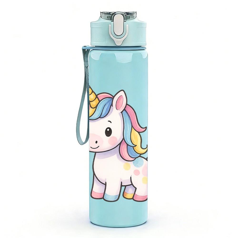 1PC White Unicorn Fantasy Cartoon 750ml Color Plastic Sports Water Bottle Leakproof Flip Straw Lid Suitable for Sports Office Home Use