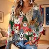 Women's V-Neck Long Sleeve Christmas Printed Lightweight Top for Spring and Summer