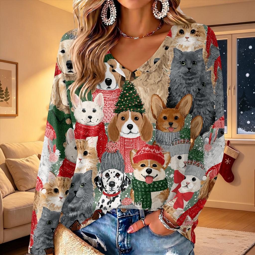 Women's V-Neck Long Sleeve Christmas Printed Lightweight Top for Spring and Summer