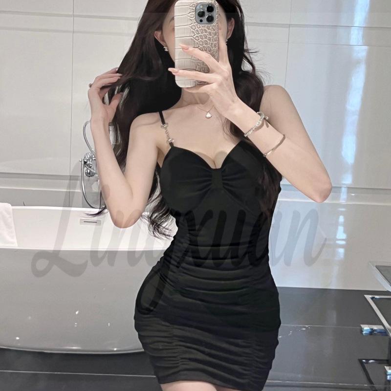 Summer Spicy Girl Sexy Spaghetti Strap Bow Pleated Bodycon Little Black Dress Large
