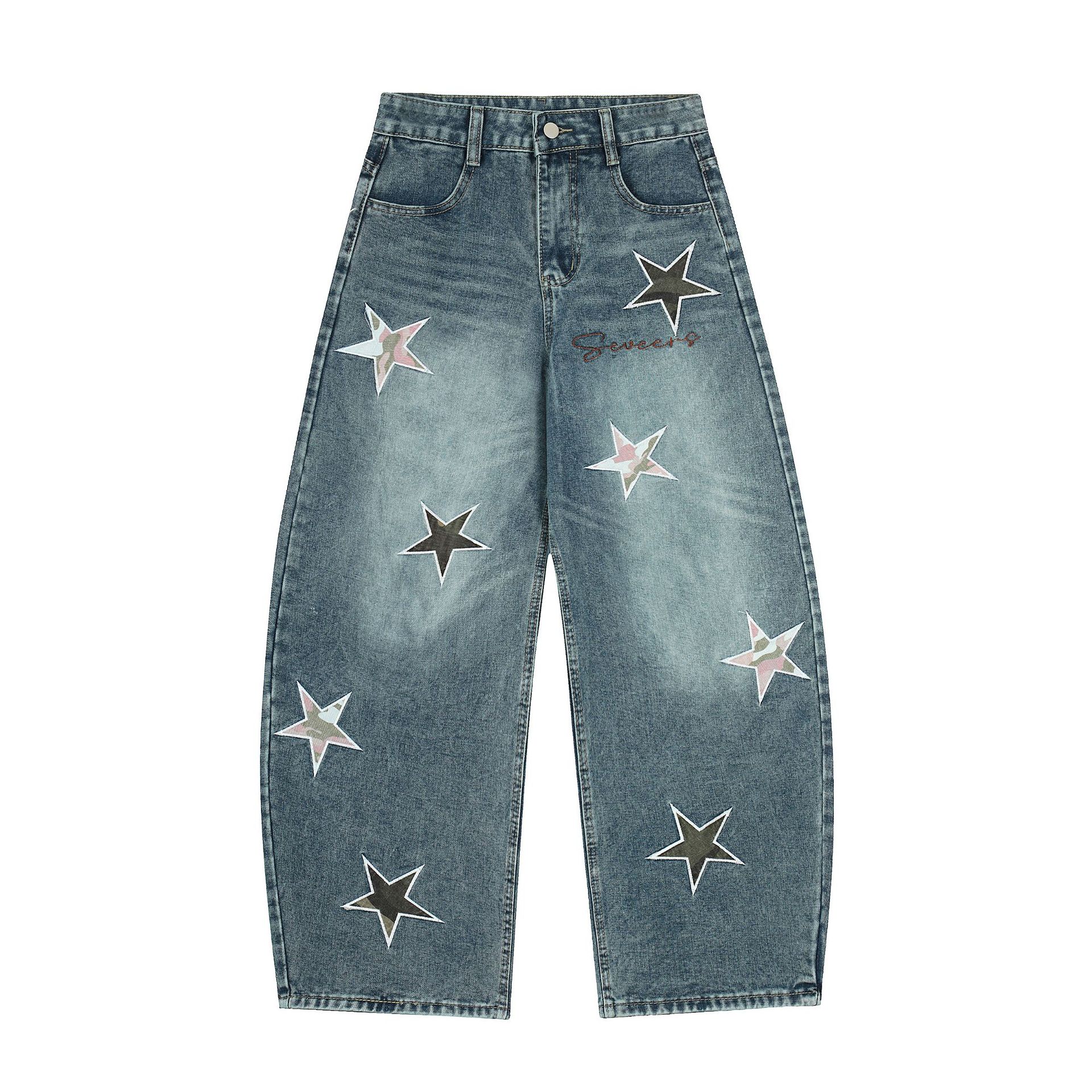 European and American high street American vibe scimitar jeans sticker embroidery loose wide-leg trousers men S