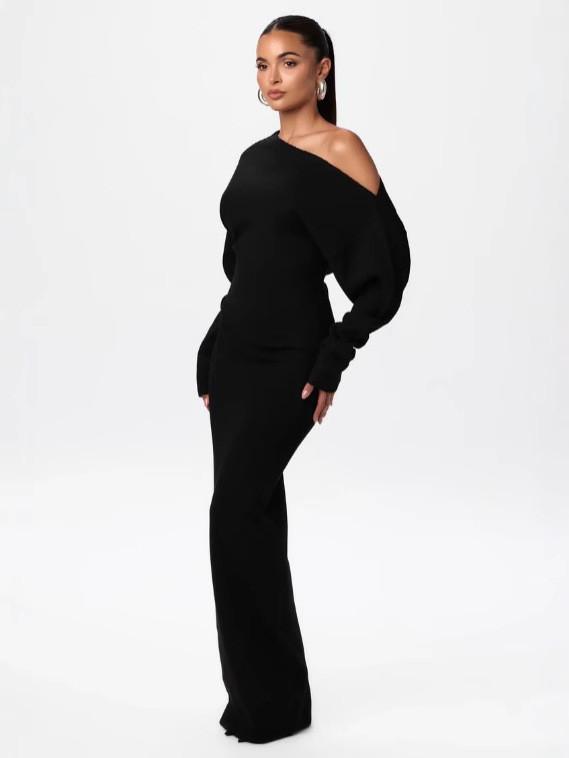 Elegant Off Shoulder Long Sleeve Bodycon Dress With Stretch Polyester For Office Wear