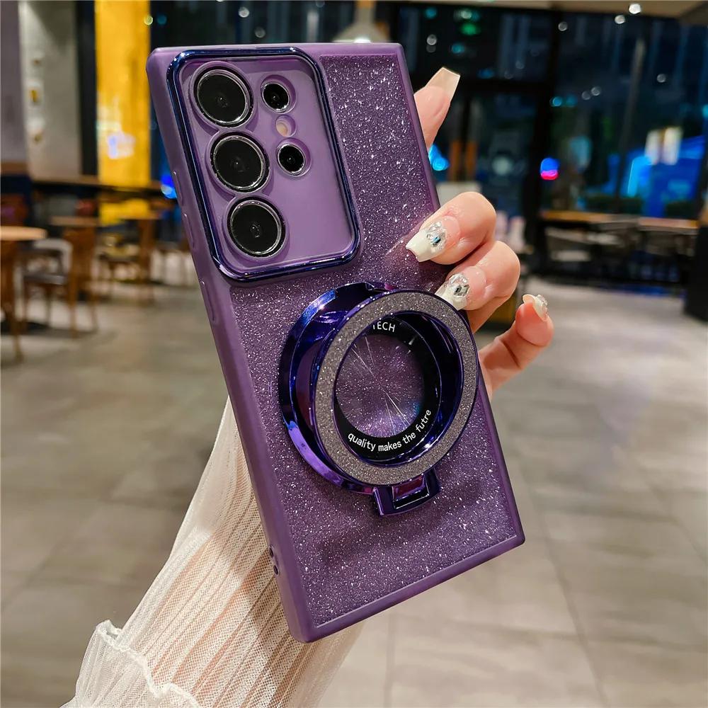 Glitter Magnetic Holder Silicone Case for Samsung S24 S23 S22 S21 Ultra Plus FE A53 A14 A54 A15 A55 iPhone 16 15 14 13 12 11 Pro Max Plus XSMAX XR 8 7