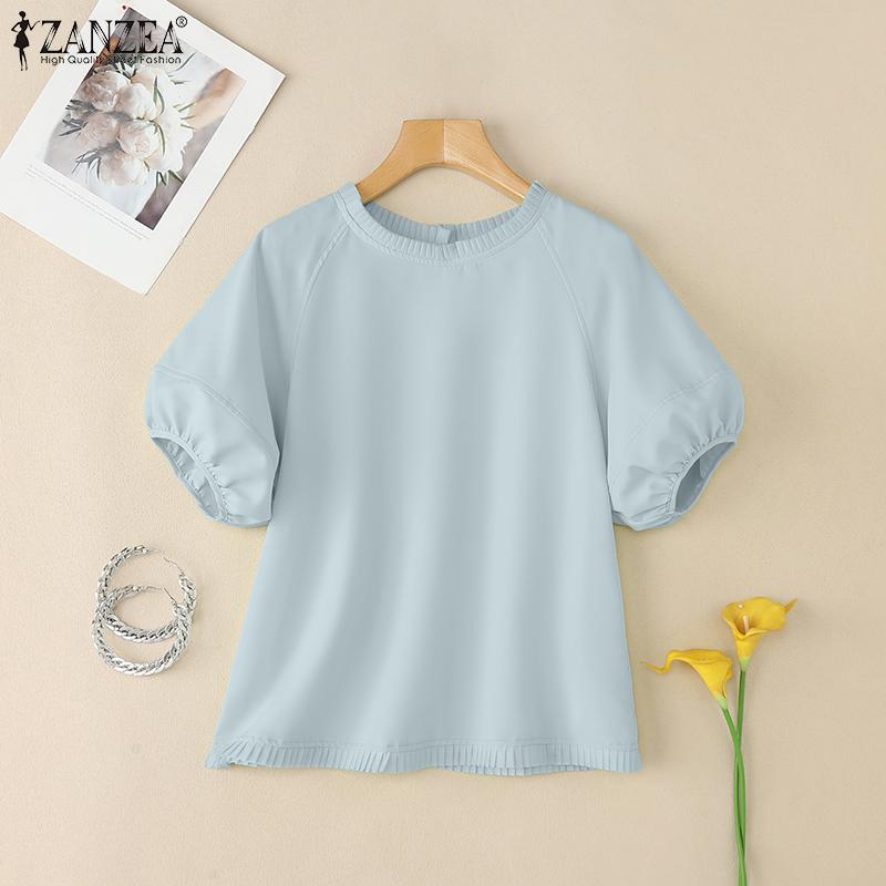 ZANZEA Women Casual Round Neck Summer Short Sleeve Blouse