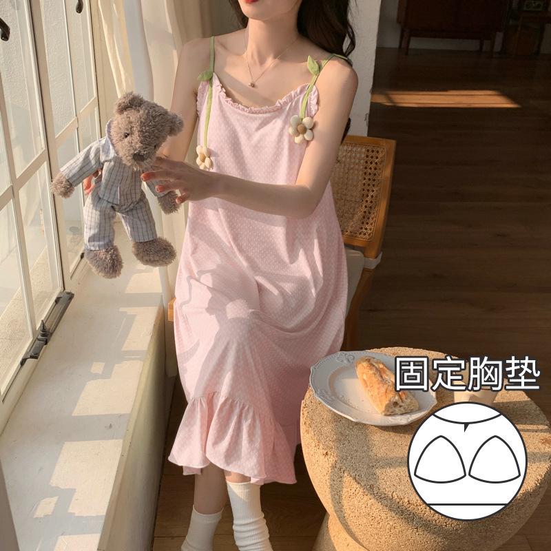 Oh Mida Summer Sweet Idyllic Casual Refreshing Suspender Medium and Long Nightdress Loungewear Women's Pajamas with Chest Pads