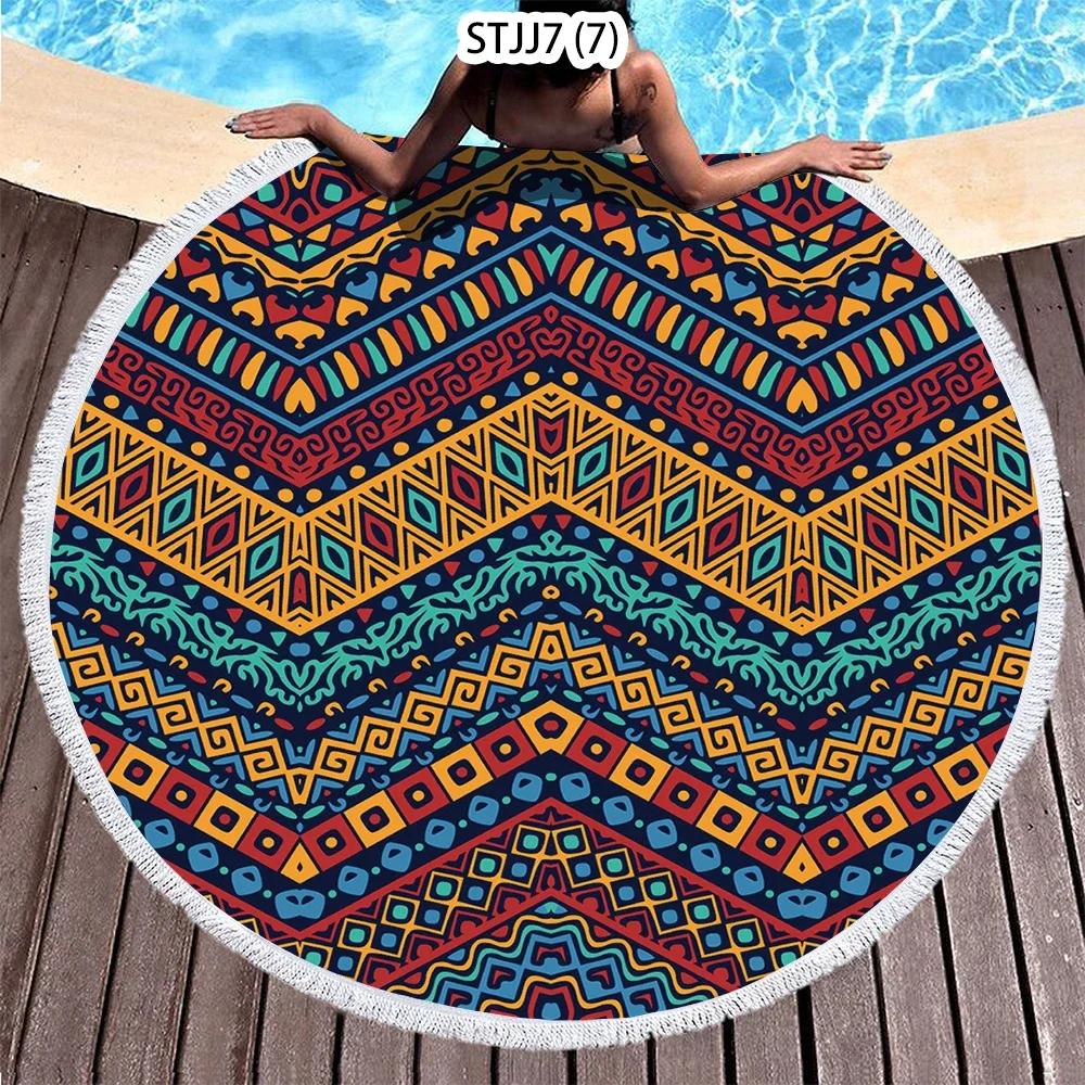 Ethnic Plaid Beach Creative Swimming Towel Microfiber Round Beach Towel Mandala Stripes Adult Large Round Bath Towel