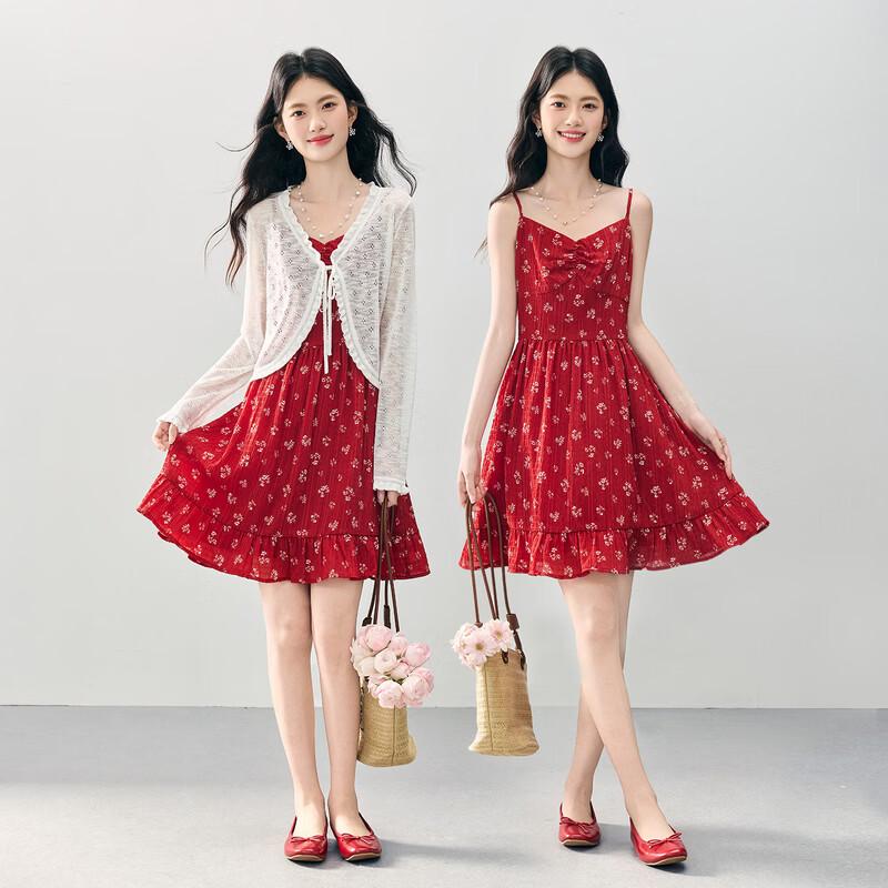sllsky Women's Vintage Red Floral Ruffle Cami Dress