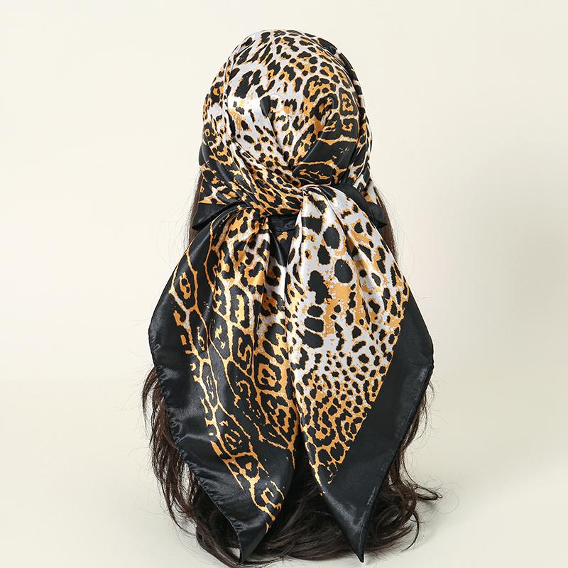 New 90*90cm Leopard Print Luxury Brand Square Silk for Women Foulard Satin Bandana Summer Soft Neckerchief Beach Hair Scarves