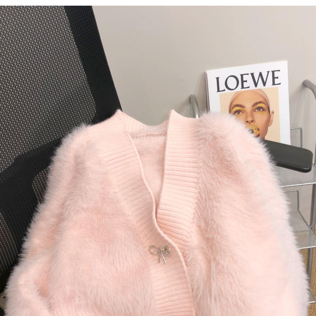 Luxusní růžový svetr-kabátek z norkového sametu pro ženy, podzimní a zimní novinka, silný, volný, elegantní, pletený kardigan s V-výstřihem