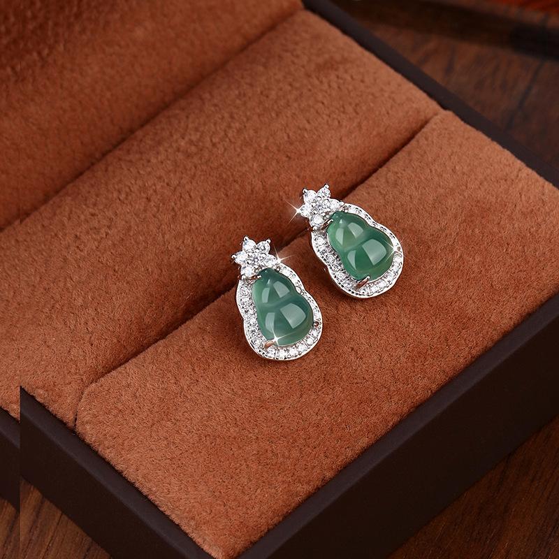 

S925 sterling silver gourd blue water jadeite stud earrings inlaid with jade full green earrings new Chinese light luxury high-end earrings 925 silver