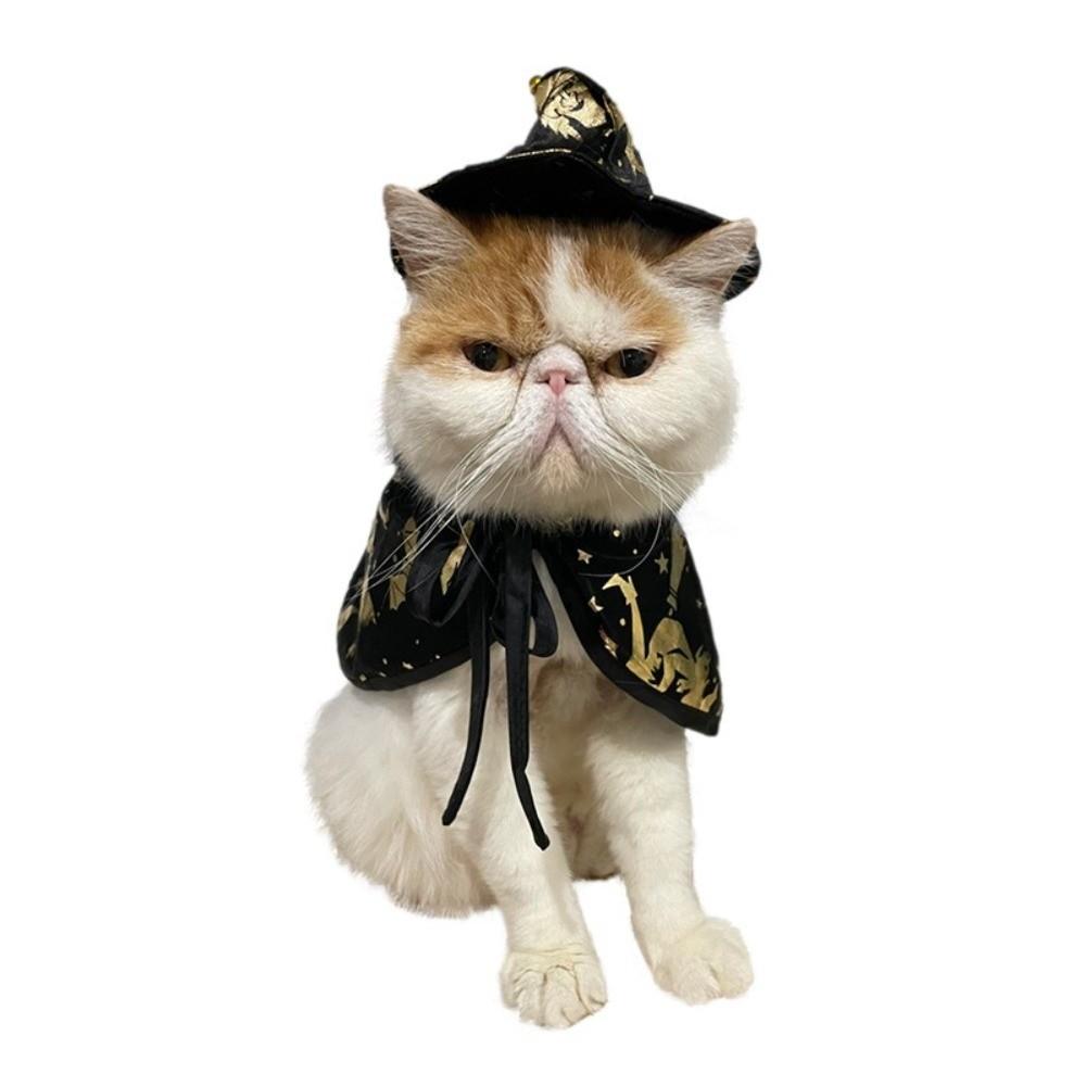 Black Gold Wizard Hat Cape Set Halloween Cat Dog Suit New Pet Cosplay Costume  Party Accessories