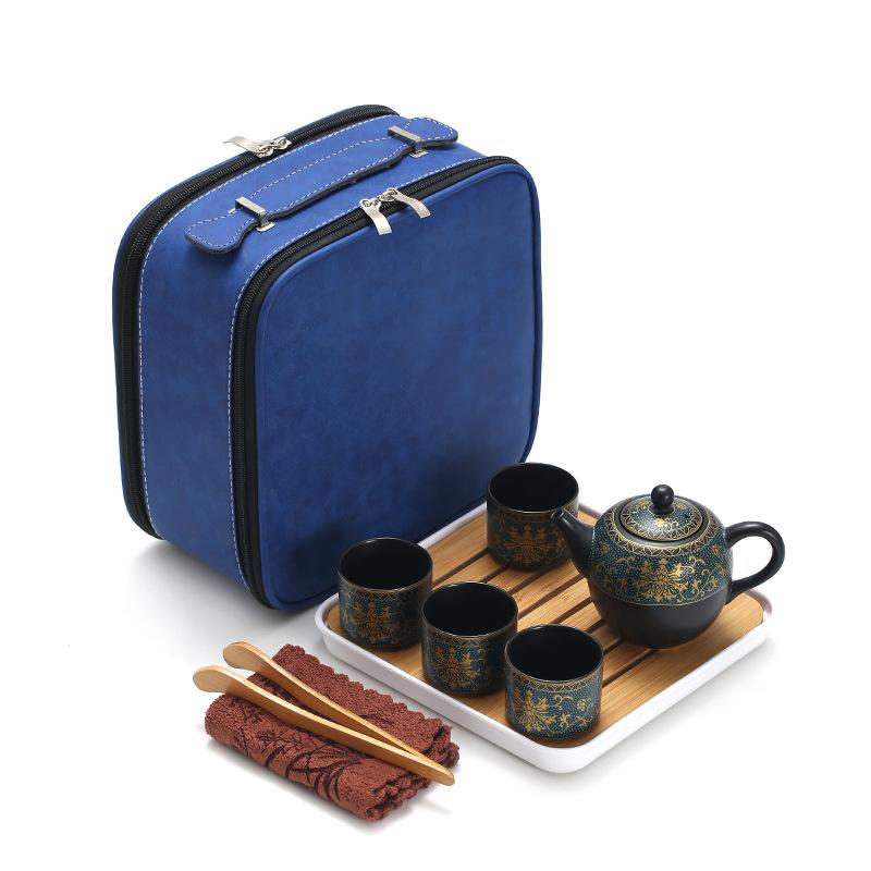Pile flower gilt whole set Kung Fu tea set Portable travel tea set Business enterprise Company event gift set
