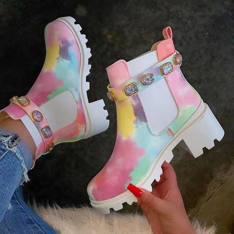 

Мода Мода Женская обувь больших размеров Весна Новые ботинки на толстом каблуке Универсальные женские ботильоны со стразами Простые ботинки с коротким голенищем Женские ботинки 40 розовый