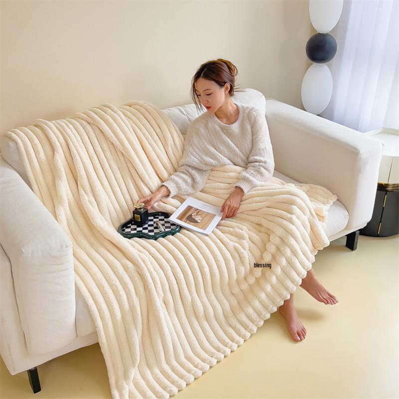 Solid Color Stripe Milk Velvet Plush Blanket - Soft Flannel Cover, Available in Single & Double Sizes