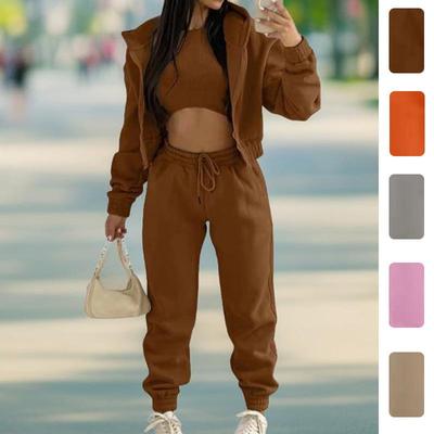 Spring 2026 Women's Solid Color Hooded Sweatshirt & Casual Long Pants Three-Piece Set