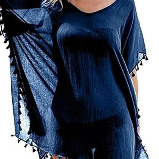Swimsuit Cover Up Solid Color Loose Bikini Dress See-through Tassel for Holiday