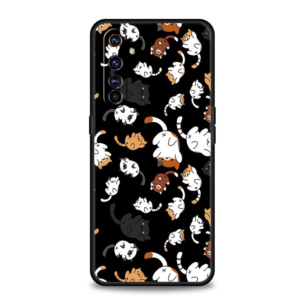 Cartoon Cat Phone Case For Realme 12 11 10 6 7 9 Pro Plus 8 5G C35 8i 9i GT2 GT3 GT5 GT Neo 2 3 5 Black Cover Soft Shell