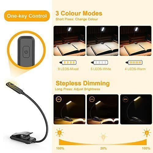 Čtecí lampička - Gritin - Klipová čtečka - 9 LED - USB dobíjecí - 3 barevné režimy