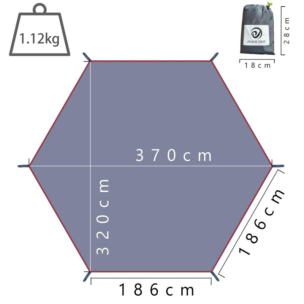 Hexagonal Ground Sheet, Tent Sheet, Picnic Sheet, Waterproof, Lightweight Tarp, Tent Mat, Hexagonal One-Pole Tent (320*370cm)