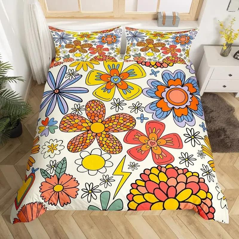 

Retro Hippie Heart Duvet Cover Set Abstract Flower Bedding Set Microfiber Colorful Comforter Cover Twin King Size For Girls Boys AU Single(140*210cm)3pcs