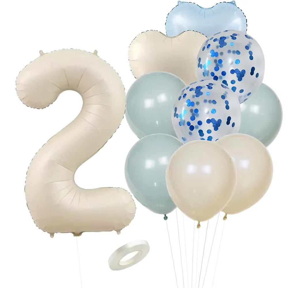 12pcs Vintage Beige Blue Balloon Set 32inch Foil Number Balloon For Kids Happy Birthday Party Decorations DIY Gifts Supplies